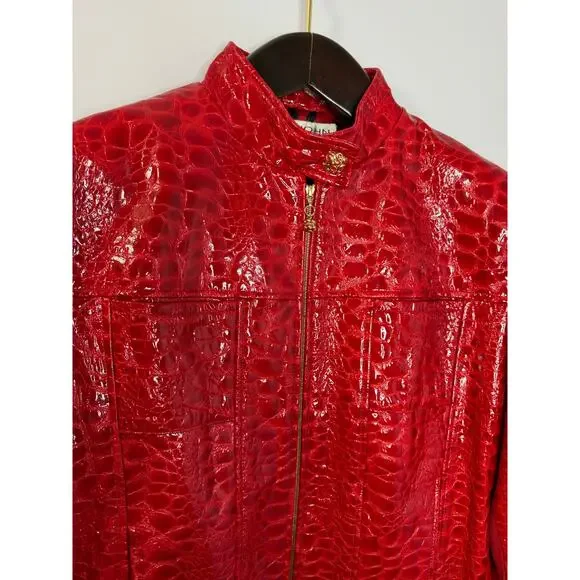 VTG St. John By Marie Gray Red Leather Women's Jacket Crocodile Embossed Sz 14